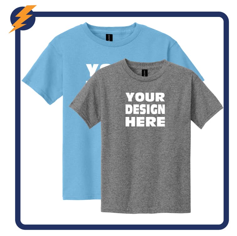 Custom kids t-shirts in youth sizes with front print design for schools and events