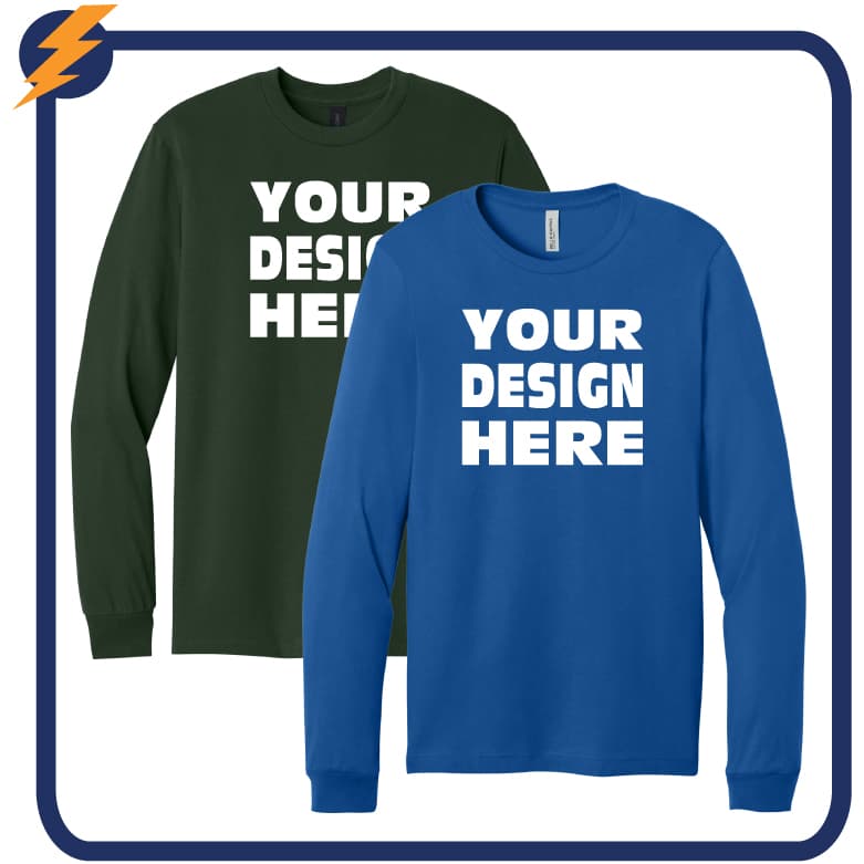 Custom long sleeve t shirts with printed designs for businesses, teams, and cooler weather apparel