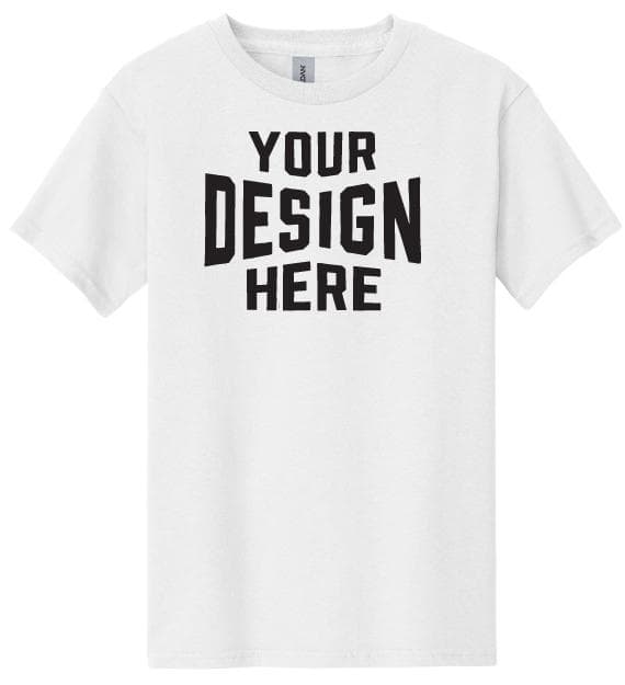 White Gildan 5000B youth heavyweight custom t-shirt with front print